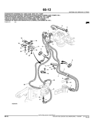 60-12
SISTEMA DE DIRECAO E FREIO
HYDROSTATIC STEERING OIL LINES (CAB), WITH 100 L PUMP
DIRECTION HYDROSTATIQUE, CONDUITES HYDRAULIQUES (CABINE) AVEC POMPE 100 L
HYDROSTATISCHE LENKUNG, OELLEITUNGEN (KABINE) MIT 100 L PUMPE
TUBI OLIO STERZO IDROSTATICO (CABINA), CON POMPA DA 100 LITRI
LINHAS DA DIRECAO HIDROSTATICA COM BOMBA 100L (CABINE)
TUBERIAS DE DIRECCION HIDROSTATICA (CABINA) CON BOMBA DE 100 L
PUBM1479 -UN-
ESTA RELACAO CONTINUA
60-12 TRATOR 6125J (EDICAO SUL-AMERICANA) PC8539P (01-JUL-10)
PN=338
 