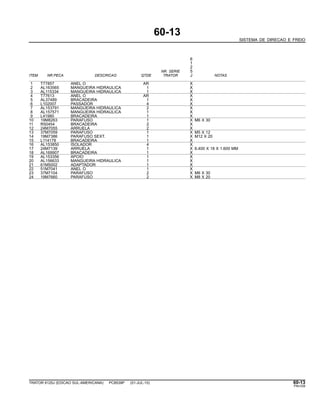 60-13
SISTEMA DE DIRECAO E FREIO
6
1
2
NR. SERIE 5
ITEM NR.PECA DESCRICAO QTDE TRATOR J NOTAS
1 T77857 ANEL O AR X
2 AL163565 MANGUEIRA HIDRAULICA 1 X
3 AL115334 MANGUEIRA HIDRAULICA 1 X
4 T77613 ANEL O AR X
5 AL37489 BRACADEIRA 1 X
6 L102007 PASSADOR 4 X
7 AL153791 MANGUEIRA HIDRAULICA 2 X
8 AL157571 MANGUEIRA HIDRAULICA 1 X
9 L41980 BRACADEIRA 1 X
10 19M8263 PARAFUSO 1 X M6 X 30
11 R50454 BRACADEIRA 2 X
12 24M7055 ARRUELA 2 X
13 37M7059 PARAFUSO 1 X M5 X 12
14 19M7386 PARAFUSO SEXT. 1 X M12 X 20
15 L114178 BRACADEIRA 1 X
16 AL153850 ISOLADOR 4 X
17 24M7139 ARRUELA 1 X 6.400 X 18 X 1.600 MM
18 AL169907 BRACADEIRA 1 X
19 AL153356 APOIO 1 X
20 AL156633 MANGUEIRA HIDRAULICA 1 X
21 61M5002 ADAPTADOR 1 X
22 51M7041 ANEL O 1 X
23 37M7104 PARAFUSO 2 X M6 X 30
24 19M7660 PARAFUSO 2 X M8 X 20
TRATOR 6125J (EDICAO SUL-AMERICANA) PC8539P (01-JUL-10) 60-13
PN=339
 