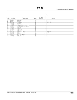 60-19
SISTEMA DE DIRECAO E FREIO
6
1
2
NR. SERIE 5
ITEM NR.PECA DESCRICAO QTDE CABINE J NOTAS
1 AP37887 VALVULA 1 X
2 R26552 ESFERA 1 X
3 19M8493 PARAFUSO 2 X M8 X 12
4 R108052 EMBOLO 2 X
5 61M5002 ADAPTADOR 2 X
6 51M7041 ANEL O 1 X
7 R60755 AGULHA DE ROLAMENTO 2 X
8 R108062 TAMPAO 2 X
9 U17409 ANEL O 2 X
10 RE175238 KIT 2 X
11 R108041 VEDACAO 2 X
12 T13119 ANEL O 2 X
13 19M7402 PARAFUSO SEXT. 4 X M10 X 25
14 RE46598 KIT 1 X
15 AP32913 PISTAO 2 X
16 34H294 PINO ELASTICO 2 X
17 R108066 ANEL O 2 X
TRATOR 6125J (EDICAO SUL-AMERICANA) PC8539P (01-JUL-10) 60-19
PN=345
 
