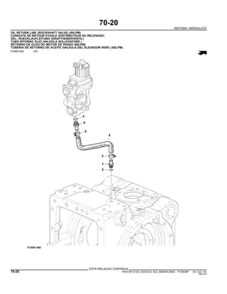 70-20
SISTEMA HIDRAULICO
OIL RETURN LINE (ROCKSHAFT VALVE) (60LPM)
CONDUITE DE RETOUR D’HUILE (DISTRIBUTEUR DU RELEVAGE)
OEL- RUECKLAUFLEITUNG (KRAFTHEBERVENTIL)
TUBO RITORNO OLIO (VALVOLA SOLLEVATORE )
RETORNO DE OLEO DO MOTOR DE PASSO (60LPM)
TUBERIA DE RETORNO DE ACEITE (VALVULA DEL ELEVADOR HIDR.) (60LPM)
PUBM1482 -UN-
ESTA RELACAO CONTINUA
70-20 TRATOR 6125J (EDICAO SUL-AMERICANA) PC8539P (01-JUL-10)
PN=374
 