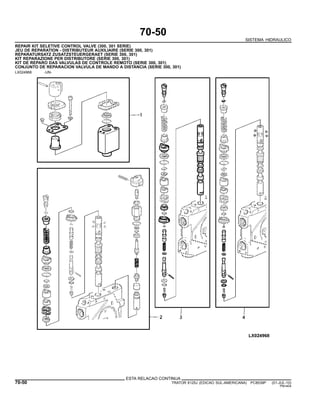 70-50
SISTEMA HIDRAULICO
REPAIR KIT SELETIVE CONTROL VALVE (300, 301 SERIE)
JEU DE REPARATION - DISTRIBUTEUR AUXILIAIRE (SERIE 300, 301)
REPARATURSATZ ZUSATZSTEUERGERAET (SERIE 300, 301)
KIT REPARAZIONE PER DISTRIBUTORE (SERIE 300, 301)
KIT DE REPARO DAS VALVULAS DE CONTROLE REMOTO (SERIE 300, 301)
CONJUNTO DE REPARACION VALVULA DE MANDO A DISTANCIA (SERIE 300, 301)
LX024968 -UN-
ESTA RELACAO CONTINUA
70-50 TRATOR 6125J (EDICAO SUL-AMERICANA) PC8539P (01-JUL-10)
PN=404
 
