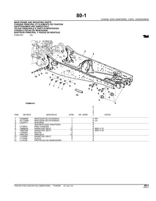 80-1
CHASSI, EIXO DIANTEIRO, CAPO, ACESSORIOS
MAIN FRAME AND MOUNTING PARTS
CHASSIS PRINCIPAL ET ELEMENTS DE FIXATION
HAUPTRAHMEN UND ANBAUTEILE
TELAIO PRINCIPALE E PARTI DI MONTAGGIO
CHASSI E PECAS DE MONTAGEM
BASTIDOR PRINCIPAL Y PIEZAS DE MONTAJE
PUBM1467 -UN-
6
1
2
5
ITEM NR.PECA DESCRICAO QTDE NR. SERIE J NOTAS
1 DQ68989 BASTIDOR DE EXTENSAO 1 X RH
2 AL172680 BASTIDOR DE EXTENSAO 1 X LH
3 L202574 SUPORTE 1 X
4 ........ SUPORTE EIXO DIANTEIRO 1 X
5 L114874 PINO FIXADOR 2 X
6 19M8639 PARAFUSO SEXT. 12 X M20 X 70
7 19M7946 PARAFUSO SEXT. 10 X M20 X 40
8 L165048 BUCHA 4 X
9 24M7242 ARRUELA 22 X
10 L153099 PARAFUSO SEXT. 4 X
11 L113446 PLACA 8 X
12 L114339 PROTECAO DE MANGUEIRA 1 X
TRATOR 6125J (EDICAO SUL-AMERICANA) PC8539P (01-JUL-10) 80-1
PN=421
 