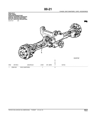 80-21
CHASSI, EIXO DIANTEIRO, CAPO, ACESSORIOS
FWD-AXLE
PONT AVANT
FRONTANTRIEBSACHSE
ASSALE TRAZIONE ANTERIORE
EIXO DE TRACAO DIANTEIRO
EJE DE TRACCION DELANTERA
CQ157147 -UN-
6
1
2
5
ITEM NR.PECA DESCRICAO QTDE NR. SERIE J NOTAS
1 DQ61023 EIXO DIANTEIRO 1 X
TRATOR 6125J (EDICAO SUL-AMERICANA) PC8539P (01-JUL-10) 80-21
PN=441
 