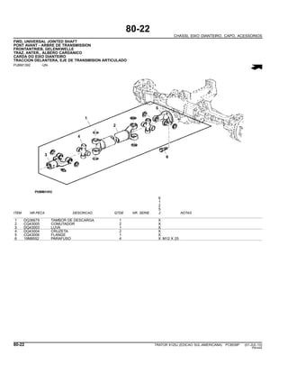 80-22
CHASSI, EIXO DIANTEIRO, CAPO, ACESSORIOS
FWD, UNIVERSAL JOINTED SHAFT
PONT AVANT - ARBRE DE TRANSMISSION
FRONTANTRIEB, GELENKWELLE
TRAZ. ANTER., ALBERO CARDANICO
CARDA DO EIXO DIANTEIRO
TRACCION DELANTERA, EJE DE TRANSMISION ARTICULADO
PUBM1392 -UN-
6
1
2
5
ITEM NR.PECA DESCRICAO QTDE NR. SERIE J NOTAS
1 DQ36679 TAMBOR DE DESCARGA 1 X
2 CQ43005 COMUTADOR 2 X
3 DQ43003 LUVA 1 X
4 DQ43004 CRUZETA 2 X
5 CQ43006 FLANGE 1 X
6 19M8552 PARAFUSO 4 X M12 X 25
80-22 TRATOR 6125J (EDICAO SUL-AMERICANA) PC8539P (01-JUL-10)
PN=442
 
