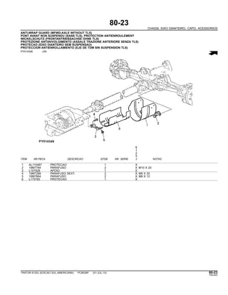 80-23
CHASSI, EIXO DIANTEIRO, CAPO, ACESSORIOS
ANTI-WRAP GUARD (MFWD-AXLE WITHOUT TLS)
PONT AVANT NON SUSPENDU (SANS TLS), PROTECTION ANTIENROULEMENT
WICKELSCHUTZ (FRONTANTRIEBSACHSE OHNE TLS)
PROTEZIONE ANTIAVVOLGIMENTO (ASSALE TRAZIONE ANTERIORE SENZA TLS)
PROTECAO (EIXO DIANTEIRO SEM SUSPENSAO)
PROTECCION ANTIENROLLAMIENTO (EJE DE TDM SIN SUSPENSION TLS)
PY014346 -UN-
6
1
2
5
ITEM NR.PECA DESCRICAO QTDE NR. SERIE J NOTAS
1 AL110487 PROTECAO 1 X
2 19M7784 PARAFUSO 2 X M10 X 20
3 L157928 APOIO 1 X
4 19M7288 PARAFUSO SEXT. 2 X M8 X 30
5 19M7864 PARAFUSO 2 X M8 X 12
6 L175783 PROTECAO 1 X
TRATOR 6125J (EDICAO SUL-AMERICANA) PC8539P (01-JUL-10) 80-23
PN=443
 
