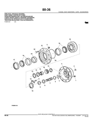 80-36
CHASSI, EIXO DIANTEIRO, CAPO, ACESSORIOS
FWD-AXLE, KNUCKLE HOUSING
PONT AVANT, CARTER DE FUSEE
FRONTANTRIEBSACHSE, GELENKGEHAEUSE
CORPO SNODO ASSALE TRAZIONE ANTERIORE
CARCACA DA ARTICULACAO E PLANETARIA
TRACCION DELANTERA, CAJA DE MANGUETA
PUBM1434 -UN-
ESTA RELACAO CONTINUA
80-36 TRATOR 6125J (EDICAO SUL-AMERICANA) PC8539P (01-JUL-10)
PN=456
 