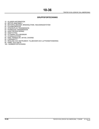 10-36
TRATOR 6125J (EDICAO SUL-AMERICANA)
GRUPPSFORTECKNING
10 - ALLMAEN INFORMATION
20 - MOTOR (6068TBM01)
30 - MOTORTILLBEHOER, BRAENSLETANK, INSUGNINGSSYSTEM
40 - ELKOMPONENTER
52 - SYNCROPLUS TRANSMISSION
54 - POWRQUAD TRANSMISSION
56 - KRAFTOEVERFOERING
58 - KRAFTUTTAG
60 - STYRNING OCH BROMSAR
70 - HYDRAULSYSTEM
80 - RAM, FRAMAXLAR, SKYDD, DIVERSE
92 - FOERARHYTT
93 - REGLAGE OCH INSTRUMENT, TILLBEHOER OCH LUFTKONDITIONERING
94 - KABEL OCH SAETE
180 - NUMMERFORTECKNING
10-36 TRATOR 6125J (EDICAO SUL-AMERICANA) PC8539P (01-JUL-10)
PN=44
 