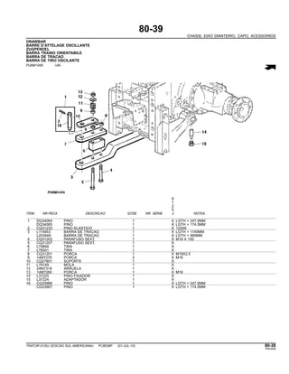 80-39
CHASSI, EIXO DIANTEIRO, CAPO, ACESSORIOS
DRAWBAR
BARRE D’ATTELAGE OSCILLANTE
ZUGPENDEL
BARRA TRAINO ORIENTABILE
BARRA DE TRACAO
BARRA DE TIRO OSCILANTE
PUBM1495 -UN-
6
1
2
5
ITEM NR.PECA DESCRICAO QTDE NR. SERIE J NOTAS
1 DQ34064 PINO 1 X LGTH = 247.5MM
DQ34065 PINO 1 X LGTH = 174.5MM
2 CQ31233 PINO ELASTICO 1 X 12X90
3 L114953 BARRA DE TRACAO 1 X LGTH = 1145MM
L203949 BARRA DE TRACAO 1 X LGTH = 995MM
4 CQ31202 PARAFUSO SEXT. 1 X M18 X 150
5 CQ31207 PARAFUSO SEXT. 1 X
6 L79894 TIRA 1 X
7 L78501 TIRA 1 X
8 CQ31201 PORCA 1 X M18X2.5
9 14M7276 PORCA 2 X M16
10 CQ27851 SUPORTE 1 X
11 L79149 MOLA 1 X
12 24M7318 ARRUELA 1 X
13 14M7260 PORCA 1 X M16
14 L37225 PINO FIXADOR 1 X
15 L37224 ADAPTADOR 1 X
16 CQ33966 PINO 1 X LGTH = 247.5MM
CQ33967 PINO 1 X LGTH = 174.5MM
TRATOR 6125J (EDICAO SUL-AMERICANA) PC8539P (01-JUL-10) 80-39
PN=459
 