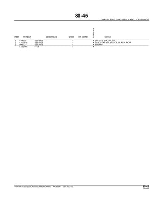 80-45
CHASSI, EIXO DIANTEIRO, CAPO, ACESSORIOS
6
1
2
5
ITEM NR.PECA DESCRICAO QTDE NR. SERIE J NOTAS
1 L64500 SELANTE 1 X LOCTITE 574, 50CCM
2 L102616 SELANTE 1 X TEROSTAT 935,310CCM, BLACK, NOIR
3 R46727 SELANTE 1 X 6000MM
L152148 FITA 1 X
TRATOR 6125J (EDICAO SUL-AMERICANA) PC8539P (01-JUL-10) 80-45
PN=465
 