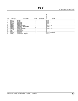 92-5
PLATAFORMA DO OPERADOR
6
1
2
5
ITEM NR.PECA DESCRICAO QTDE NR. SERIE J NOTAS
1 DQ52327 APOIO 1 X LH
DQ52288 APOIO 1 X RH
2 DQ52378 SUPORTE 1 X LH
DQ58542 SUPORTE 1 X RH
3 24M7051 ARRUELA 1 X
4 19M8035 PARAFUSO SEXT. 4 X M16 X 35
5 14M7410 PORCA DE SEGURANCA 1 X M20
6 24M7053 ARRUELA 10 X
7 19M7969 PARAFUSO SEXT. 4 X M20 X 110
8 R111173 ISOLADOR 4 X
9 CQ27171 ESPACADOR 4 X
10 R66375 ISOLADOR 4 X
11 CQ34905 ARRUELA 8 X 20 X 76 X 8 MM
12 14M7291 PORCA COM FLANGE 4 X M16
TRATOR 6125J (EDICAO SUL-AMERICANA) PC8539P (01-JUL-10) 92-5
PN=475
 