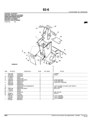 92-6
PLATAFORMA DO OPERADOR
CONTROL SUPPORT
SUPPORT TABLEAU DE BORD
ARMATURENWANDTRAEGER
SUPPORTO CRUSCOTTO
SUPORTE DO PAINEL
SOPORTE SALPICADERO
PUBM1069 -UN-
6
1
2
5
ITEM NR.PECA DESCRICAO QTDE NR. SERIE J NOTAS
1 DQ61096 CONSOLE 1 X CABINE
DQ61097 CONSOLE 1 X EPCC
2 AL159914 SUPORTE 1 X
3 L154335 CAPA 1 X
4 L157372 PARAFUSO 4 X
5 19M7560 PARAFUSO SEXT. 4 X (FOR DQ61096)
37M7131 PARAFUSO 4 X (FOR DQ61097)
6 24M7139 ARRUELA 4 X (USE WITH 19M7560)
24M7309 ARRUELA 4 X
7 37M7059 PARAFUSO 2 X
8 ........ VEDACAO DE ACABAMENTO 1 X LGTH=470MM (18-33/64") (MF R46727)
9 ........ VEDACAO 2 X (MF L152250)
10 19M7166 PARAFUSO SEXT. 4 X M10 X 20
11 L154379 APOIO 2 X
12 L154378 APOIO 1 X
13 ........ VEDACAO 1 X (MF L59748)
14 DQ68471 APOIO 1 X (EPCC)
15 99M7130 PLUGUE 1 X
.. L59748 VEDACAO 1 X LGTH 1000MM
.. L152250 VEDACAO 1 X LGTH 22000MM
.. R46727 SELANTE 1 X LGTH 6000MM
.. DT5538 ADESIVO 1 X
92-6 TRATOR 6125J (EDICAO SUL-AMERICANA) PC8539P (01-JUL-10)
PN=476
 