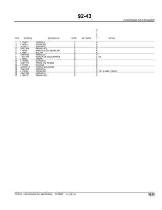 92-43
PLATAFORMA DO OPERADOR
6
1
2
5
ITEM NR.PECA DESCRICAO QTDE NR. SERIE J NOTAS
1 L170677 VIDRACA 1 X
2 L157817 VEDACAO 1 X
3 AL78377 SUPORTE 2 X
4 03M7309 PARAFUSO 1 X
5 L78704 ARRUELA DE VEDACAO 4 X
6 L78851 BUCHA 2 X
7 24M7055 ARRUELA 2 X
8 14M7166 PORCA DE SEGURANCA 2 X M8
9 L78703 TAMPA 2 X
10 L157095 SUPORTE 1 X
11 22M7170 PARAF. DE FENDA 4 X
12 L111072 PLUGUE 1 X
13 AL117519 PORCA SOLDAVEL 4 X
14 24M7260 ARRUELA 4 X
15 L116184 VEDACAO 2 X TK= 5.0MM (13/64")
16 24M7362 ARRUELA 2 X
17 L153130 PARAFUSO 2 X
TRATOR 6125J (EDICAO SUL-AMERICANA) PC8539P (01-JUL-10) 92-43
PN=513
 