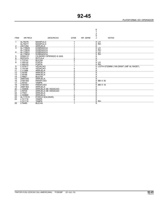 92-45
PLATAFORMA DO OPERADOR
6
1
2
5
ITEM NR.PECA DESCRICAO QTDE NR. SERIE J NOTAS
1 AL78276 MANIPULO 1 X LH
AL78277 MANIPULO 1 X RH
2 24H1292 ARRUELA 1 X
3 AL179829 DOBRADICA 1 X LH
AL179830 DOBRADICA 1 X RH
4 AL179831 DOBRADICA 1 X LH
AL179832 DOBRADICA 1 X RH
5 DQ59131 CILINDRO OPERADO A GAS 1 X
6 R237474 ROTULA 2 X
7 L112743 BUCHA 2 X
8 L169102 PORTA 1 X LH
L169103 PORTA 1 X RH
9 L157817 VEDACAO 1 X LGTH=3720MM (146-29/64") (MF AL164267)
10 L116184 VEDACAO 4 X
11 L111988 ARRUELA 2 X
12 L78769 ARRUELA 2 X
13 L78768 ARRUELA 2 X
14 L78851 BUCHA 2 X
15 24M7055 ARRUELA 2 X
16 21M7392 PARAFUSO 2 X M8 X 30
17 L78703 TAMPA 2 X
18 21M7491 PARAFUSO 6 X M8 X 16
19 24M7362 ARRUELA 2 X
20 L155606 ARRUELA DE VEDACAO 4 X
21 L78704 ARRUELA DE VEDACAO 1 X
22 L77651 ARRUELA 1 X
23 L100869 ARRUELA 2 X
24 AL117519 PORCA SOLDAVEL 4 X
25 L151718 TAMPA 2 X
L151719 TAMPA 1 X RH
26 L79485 BUCHA 1 X
TRATOR 6125J (EDICAO SUL-AMERICANA) PC8539P (01-JUL-10) 92-45
PN=515
 