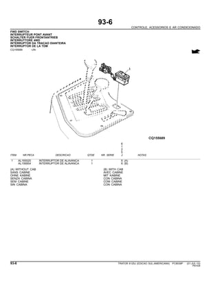 93-6
CONTROLE, ACESSORIOS E AR CONDICIONADO
FWD SWITCH
INTERRUPTEUR PONT AVANT
SCHALTER FUER FRONTANTRIEB
INTERRUTTORE 4WD
INTERRUPTOR DA TRACAO DIANTEIRA
INTERRUPTOR DE LA TDM
CQ155689 -UN-
6
1
2
5
ITEM NR.PECA DESCRICAO QTDE NR. SERIE J NOTAS
1 AL165520 INTERRUPTOR DE ALAVANCA 1 X (A)
AL156854 INTERRUPTOR DE ALAVANCA 1 X (B)
(A) WITHOUT CAB (B) WITH CAB
SANS CABINE AVEC CABINE
OHNE KABINE MIT KABINE
SENZA CABINA CON CABINA
SEM CABINE COM CABINE
SIN CABINA CON CABINA
93-6 TRATOR 6125J (EDICAO SUL-AMERICANA) PC8539P (01-JUL-10)
PN=528
 