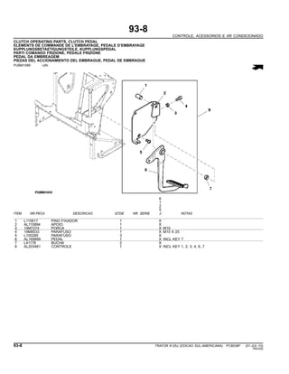93-8
CONTROLE, ACESSORIOS E AR CONDICIONADO
CLUTCH OPERATING PARTS, CLUTCH PEDAL
ELEMENTS DE COMMANDE DE L’EMBRAYAGE, PEDALE D’EMBRAYAGE
KUPPLUNGSBETAETIGUNGSTEILE, KUPPLUNGSPEDAL
PARTI COMANDO FRIZIONE, PEDALE FRIZIONE
PEDAL DA EMBREAGEM
PIEZAS DEL ACCIONAMIENTO DEL EMBRAGUE, PEDAL DE EMBRAGUE
PUBM1089 -UN-
6
1
2
5
ITEM NR.PECA DESCRICAO QTDE NR. SERIE J NOTAS
1 L110617 PINO FIXADOR 1 X
2 AL110894 APOIO 1 X
3 14M7274 PORCA 1 X M10
4 19M8533 PARAFUSO 1 X M10 X 25
5 L100285 PARAFUSO 3 X
6 AL169899 PEDAL 1 X INCL KEY 7
7 L41178 BUCHA 2 X
8 AL203461 CONTROLE 1 X INCL KEY 1, 2, 3, 4, 6, 7
93-8 TRATOR 6125J (EDICAO SUL-AMERICANA) PC8539P (01-JUL-10)
PN=530
 