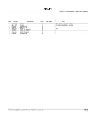 93-11
CONTROLE, ACESSORIOS E AR CONDICIONADO
6
1
2
5
ITEM NR.PECA DESCRICAO QTDE NR. SERIE J NOTAS
1 AL151612 CABO 1 X (SYNCROPLUS) LGTH 1130MM
AL151611 CABO 1 X (SYNCROPLUS) LGTH 1210MM
2 L157793 PASSADOR 1 X
3 L154381 PROTETOR 2 X
4 14M7272 PORCA 1 X M6
5 L79792 ANEL DE PRESSAO 2 X
6 45M7080 PINO DE TRAVA 1 X
7 45M7063 PINO FIXADOR 1 X
8 L166609 FORQUILHA 2 X
TRATOR 6125J (EDICAO SUL-AMERICANA) PC8539P (01-JUL-10) 93-11
PN=533
 