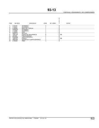 93-13
CONTROLE, ACESSORIOS E AR CONDICIONADO
6
1
2
5
ITEM NR.PECA DESCRICAO QTDE NR. SERIE J NOTAS
1 L151157 ALAVANCA 1 X
2 L150527 ALAVANCA 1 X
3 L150526 MOLA DE TORCAO 1 X
4 CQ59332 ALAVANCA 1 X
5 L112950 ALAVANCA 1 X
6 L150525 EIXO 1 X
7 55M7012 ROTULA 1 X
8 14M7165 PORCA DE SEGURANCA 6 X M6
9 34H394 PINO ELASTICO 1 X
10 DQ63989 JUNTA ESFERICA 1 X
11 14M7027 PORCA 1 X M6
12 56M7006 SOQUETE P/ JUNTA ESFERICA 1 X
13 L150034 PINO 1 X
TRATOR 6125J (EDICAO SUL-AMERICANA) PC8539P (01-JUL-10) 93-13
PN=535
 