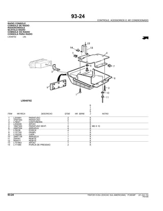 93-24
CONTROLE, ACESSORIOS E AR CONDICIONADO
RADIO CONSOLE
CONSOLE DE RADIO
RADIOKONSOLE
SCATOLA RADIO
COMSOLE DO RADIO
CONSOLA PARA RADIO
LX048702 -UN-
6
1
2
5
ITEM NR.PECA DESCRICAO QTDE NR. SERIE J NOTAS
1 L203991 PARAFUSO 2 X
2 37M7263 PARAFUSO 2 X
3 L78041 CANTONEIRA 1 X
4 L204008 APOIO 1 X
5 19M7300 PARAFUSO SEXT. 4 X M6 X 10
6 24M7054 ARRUELA 4 X
7 L78238 PORCA 4 X
8 L151740 PAINEL 1 X
9 L152335 CAPA 1 X
10 24M7138 ARRUELA 1 X
11 Z59391 REBITE 1 X
12 R54477 REBITE 2 X
13 L151863 APOIO 1 X
14 L111480 PORCA DE PRESSAO 2 X
93-24 TRATOR 6125J (EDICAO SUL-AMERICANA) PC8539P (01-JUL-10)
PN=546
 