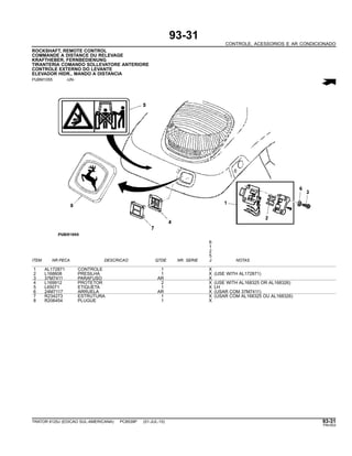 93-31
CONTROLE, ACESSORIOS E AR CONDICIONADO
ROCKSHAFT, REMOTE CONTROL
COMMANDE A DISTANCE DU RELEVAGE
KRAFTHEBER, FERNBEDIENUNG
TIRANTERIA COMANDO SOLLEVATORE ANTERIORE
CONTROLE EXTERNO DO LEVANTE
ELEVADOR HIDR., MANDO A DISTANCIA
PUBM1055 -UN-
6
1
2
5
ITEM NR.PECA DESCRICAO QTDE NR. SERIE J NOTAS
1 AL172871 CONTROLE 1 X
2 L168608 PRESILHA 1 X (USE WITH AL172871)
3 37M7411 PARAFUSO AR X
4 L169912 PROTETOR 2 X (USE WITH AL168325 OR AL168326)
5 L65071 ETIQUETA 1 X LH
6 24M7117 ARRUELA AR X (USAR COM 37M7411)
7 R234273 ESTRUTURA 1 X (USAR COM AL168325 OU AL168326)
8 R206454 PLUGUE 1 X
TRATOR 6125J (EDICAO SUL-AMERICANA) PC8539P (01-JUL-10) 93-31
PN=553
 