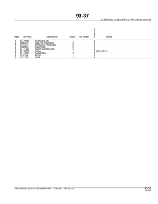 93-37
CONTROLE, ACESSORIOS E AR CONDICIONADO
6
1
2
5
ITEM NR.PECA DESCRICAO QTDE NR. SERIE J NOTAS
1 AL177184 FILTRO DE AR 1 X
2 40M7040 ANEL DE PRESSAO 2 X
3 L111425 PORCA DE PRESSAO 2 X
4 37M7255 PARAFUSO 6 X
5 AL111469 PARAF. BORBOLETA 2 X
6 AL152152 CAIXA 1 X INCL KEY 4
7 AL110300 PARAFUSO 2 X
8 L110183 APOIO 1 X
9 L151732 CAPA 1 X
TRATOR 6125J (EDICAO SUL-AMERICANA) PC8539P (01-JUL-10) 93-37
PN=559
 