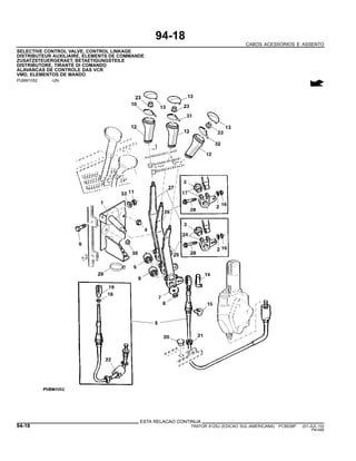 94-18
CABOS ACESSORIOS E ASSENTO
SELECTIVE CONTROL VALVE, CONTROL LINKAGE
DISTRIBUTEUR AUXILIAIRE, ELEMENTS DE COMMANDE
ZUSATZSTEUERGERAET, BETAETIGUNGSTEILE
DISTRIBUTORE, TIRANTE DI COMANDO
ALAVANCAS DE CONTROLE DAS VCR
VMD, ELEMENTOS DE MANDO
PUBM1052 -UN-
ESTA RELACAO CONTINUA
94-18 TRATOR 6125J (EDICAO SUL-AMERICANA) PC8539P (01-JUL-10)
PN=588
 