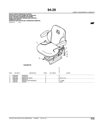 94-29
CABOS ACESSORIOS E ASSENTO
SEATS (OPEN OPERATOR STATION)
FAUTEUILS (PLATE-FORME DE CONDUITE)
SITZE (OFFENE FAHRERPLATTFORM)
SEDILI (POSTAZIONE OPERATORE APERTA)
ASSENTOS (EPCC)
ASIENTOS (ESTACION DEL OPERADOR ABIERTA)
CQ156179 -UN-
6
1
2
5
ITEM NR.PECA DESCRICAO QTDE NR. SERIE J NOTAS
1 DQ63806 ASSENTO 1 X
2 CQ57432 SUPORTE 1 X
3 19M7268 PARAFUSO SEXT. 4 X M12 X 25
4 24M7026 ARRUELA 4 X
5 12M7067 ARRUELA DE PRESSAO 4 X 12 MM
6 14M7031 PORCA 4 X M12
TRATOR 6125J (EDICAO SUL-AMERICANA) PC8539P (01-JUL-10) 94-29
PN=599
 
