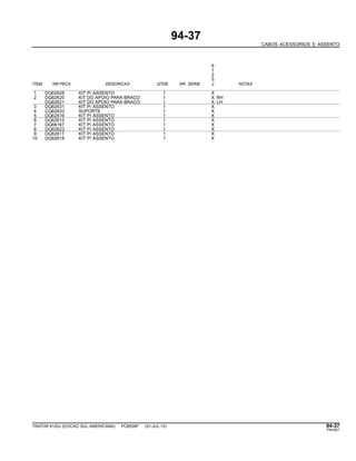 94-37
CABOS ACESSORIOS E ASSENTO
6
1
2
5
ITEM NR.PECA DESCRICAO QTDE NR. SERIE J NOTAS
1 DQ62628 KIT P/ ASSENTO 1 X
2 DQ62620 KIT DO APOIO PARA BRACO 1 X RH
DQ62621 KIT DO APOIO PARA BRACO 1 X LH
3 DQ62631 KIT P/ ASSENTO 1 X
4 CQ62633 SUPORTE 1 X
5 DQ62616 KIT P/ ASSENTO 1 X
6 DQ62615 KIT P/ ASSENTO 1 X
7 DQ66167 KIT P/ ASSENTO 1 X
8 DQ62623 KIT P/ ASSENTO 1 X
9 DQ62617 KIT P/ ASSENTO 1 X
10 DQ62618 KIT P/ ASSENTO 1 X
TRATOR 6125J (EDICAO SUL-AMERICANA) PC8539P (01-JUL-10) 94-37
PN=607
 