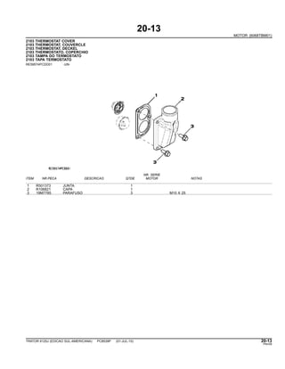 20-13
MOTOR (6068TBM01)
2103 THERMOSTAT COVER
2103 THERMOSTAT, COUVERCLE
2103 THERMOSTAT, DECKEL
2103 THERMOSTATO, COPERCHIO
2103 TAMPA DO TERMOSTATO
2103 TAPA TERMOSTATO
RE59574PCDD01 -UN-
NR. SERIE
ITEM NR.PECA DESCRICAO QTDE MOTOR NOTAS
1 R501373 JUNTA 1
2 R106821 CAPA 1
3 19M7785 PARAFUSO 3 M10 X 25
TRATOR 6125J (EDICAO SUL-AMERICANA) PC8539P (01-JUL-10) 20-13
PN=59
 