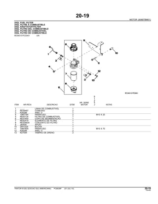 20-19
MOTOR (6068TBM01)
35GL FUEL FILTER
35GL FILTRE A COMBUSTIBLE
35GL KRAFTSTOFFFILTER
35GL FILTRO DEL COMBUSTIBILE
35GL FILTRO DE COMBUSTIVEL
35GL FILTRO DE COMBUSTIBLE
RE540101PCDA01 -UN-
6
1
2
NR. SERIE 5
ITEM NR.PECA DESCRICAO QTDE MOTOR J NOTAS
1 ........ LINHA DE COMBUSTIVEL 1
2 RE59487 CONEXAO 2
3 R26286 ANEL O 1
4 19M7784 PARAFUSO 2 M10 X 20
5 RE63134 FILTRO DE COMBUSTIVEL 1
6 RE51650 COPO DE SEDIMENTACAO 1
7 RE62419 ELEMENTO DE FILTRO 1
8 RE526834 CONJUNTO DO FILTRO 1
9 J60540 APOIO 1
10 28H1529 BUCHA 1
11 19M7809 PARAFUSO 1 M10 X 70
12 R26286 ANEL O 2
13 R27094 TAMPAO DE DRENO 2
TRATOR 6125J (EDICAO SUL-AMERICANA) PC8539P (01-JUL-10) 20-19
PN=65
 