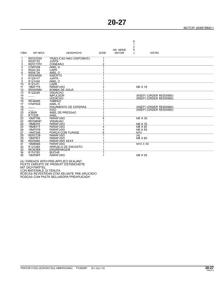 20-27
MOTOR (6068TBM01)
6
1
2
NR. SERIE 5
ITEM NR.PECA DESCRICAO QTDE MOTOR J NOTAS
1 RE532939 TRADUCAO NAO DISPONIVEL 1
2 R520132 JUNTA 1
3 RE517370 CONEXAO 2
4 51M7044 ANEL O 1
5 R520130 CAPA 1
6 R504734 ANEL O 1
7 RE508566 INSERTO 1
8 R123417 JUNTA 1
9 R121424 ANEL O 1
10 R121411 CAPA 1
11 19M7775 PARAFUSO 3 M6 X 16
12 RE505980 BOMBA DE AGUA 1
13 R123226 VEDACAO 1
14 ........ IMPULSOR 1 (NSEP) (ORDER RE505980)
15 ........ VEDACAO 1 (NSEP) (ORDER RE505980)
16 RE46685 TAMPAO 1
17 51M7043 ANEL O 1
18 ........ ROLAMENTO DE ESFERAS 1 (NSEP) (ORDER RE505980)
19 ........ EIXO 1 (NSEP) (ORDER RE505980)
20 A364R ANEL DE PRESSAO 1
21 R71228 ANEL 1
22 19M7796 PARAFUSO 8 M6 X 30
23 RE538097 VEDACAO 1
24 19M8291 PARAFUSO 1 M8 X 35
25 19M8317 PARAFUSO 4 M8 X 40
26 19M7979 PARAFUSO 4 M8 X 55
27 14M7296 PORCA COM FLANGE 6 M10
28 RE67239 PARAFUSO 1 (A)
29 19M7801 PARAFUSO 1 M8 X 60
30 R523060 PARAFUSO SEXT. 1
31 19M8966 PARAFUSO 1 M10 X 50
32 R131283 ARRUELA DE ENCOSTO 1
33 RE56369 ENGRENAGEM 1
34 R114193 BUCHA 1
35 19M7867 PARAFUSO 1 M8 X 25
(A) THREADS WITH PRE-APPLIED SEALANT
FILETS ENDUITS DE PRODUIT D’ETANCHEITE
MIT DICHTMITTEL
CON MATERIALE DI TENUTA
ROSCAS REVESTIDAS COM SELANTE PRE-APLICADO
ROSCAS CON PASTA SELLADORA PREAPLICADA
TRATOR 6125J (EDICAO SUL-AMERICANA) PC8539P (01-JUL-10) 20-27
PN=73
 