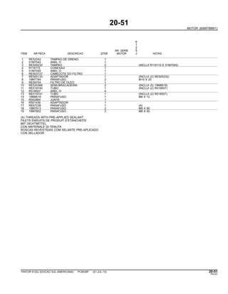 20-51
MOTOR (6068TBM01)
6
1
2
NR. SERIE 5
ITEM NR.PECA DESCRICAO QTDE MOTOR J NOTAS
1 RE52242 TAMPAO DE DRENO 1
2 51M7042 ANEL O 1
3 RE505232 TAMPAO 2 (INCLUI R116115 E 51M7045)
4 R116115 CONEXAO 1
5 51M7045 ANEL O 1
6 RE503727 CABECOTE DO FILTRO 1
7 RE500133 ADAPTADOR 1 (INCLUI (2) RE505232)
8 19M7784 PARAFUSO 2 M10 X 20
9 RE59754 FILTRO DE OLEO 1
10 RE520368 SEMI-BRACADEIRA 2 (INCLUI (5) 19M8618)
11 RE519740 TUBO 1 (INCLUI (2) R518507)
12 R518507 ANEL O 4
13 RE519741 TUBO 1 (INCLUI (2) R518507)
14 19M8618 PARAFUSO 1 M6 X 12
15 R502864 JUNTA 1
16 R501436 ADAPTADOR 1
17 RE67238 PARAFUSO 1 (A)
18 19M7913 PARAFUSO 2 M8 X 90
19 19M7802 PARAFUSO 3 M8 X 65
(A) THREADS WITH PRE-APPLIED SEALANT
FILETS ENDUITS DE PRODUIT D’ETANCHEITE
MIT DICHTMITTEL
CON MATERIALE DI TENUTA
ROSCAS REVESTIDAS COM SELANTE PRE-APLICADO
CON SELLADOR
TRATOR 6125J (EDICAO SUL-AMERICANA) PC8539P (01-JUL-10) 20-51
PN=97
 