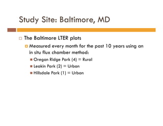 Study Site: Baltimore, MD
The Baltimore LTER plots
Measured every month for the past 10 years using an
in situ flux chamber method:
Oregon Ridge Park (4) = Rural
Leakin Park (2) = Urban
Hillsdale Park (1) = Urban
 