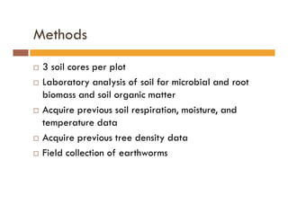 Methods
3 soil cores per plot
Laboratory analysis of soil for microbial and root
biomass and soil organic matter
Acquire previous soil respiration, moisture, andAcquire previous soil respiration, moisture, and
temperature data
Acquire previous tree density data
Field collection of earthworms
 