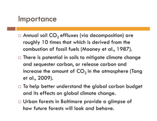 Importance
Annual soil CO2 effluxes (via decomposition) are
roughly 10 times that which is derived from the
combustion of fossil fuels (Mooney et al., 1987).
There is potential in soils to mitigate climate change
and sequester carbon, or release carbon and
increase the amount of CO2 in the atmosphere (Tang
et al., 2009).
To help better understand the global carbon budget
and its effects on global climate change.
Urban forests in Baltimore provide a glimpse of
how future forests will look and behave.
 