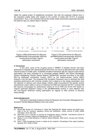  ISSN: 1693-6930
TELKOMNIKA Vol. 17, No. 4, August 2019: 1642-1647
1646
called the waiting phase of establishing connection. But with the proposed method here in
the evaluation scales better with respect to the number of nodes with 43.31% of average
improvement. Thus, it can indirectly improve the mobile nodes transmission guarantee based on
the optimum wait_on_reboot value (1 second).
Figure 4. PDR performance for oRia and
adLMMHOWAN multi-parameter AODVUU
routing before and after Taguchi
optimization mechanism
Figure 5. PLP performance for oRia and
adLMMHOWAN multi-parameter AODVUU
routing before and after Taguchi
optimization mechanism
4. Conclusion
In this work, some of the on-going issues in MANET of wireless domain had been
addressed to integrate with optical backhaul which then can serve as alternative last mile mobile
internet access to mobile users. A feasible simulation framework with the Taguchi multi-criterion
optimization has been proposed for a converged wireless MANET with Hybrid Wavelength
Division Multiplexing Passive Optical Network (WDM-PON) operated according to the IEEE
802.11g distributed coordination function (DCF) as the medium-access control (MAC)
protocol in the link layer. The proposed DoE simulation framework aims to achieved the QoS
seamless performance with minimize variation that is depend on the design parameters carry
the objective of optimum and robust design criterion while accounting for the specific service
requirements (users’ traffic) in terms of maximize the PDR and minimize the PLP. It shows that
the resource consumption for performance metrics of 14.1% PDR and 43.3% PLP based on
Taguchi optimized AODVUU routing in the adLMMHOWAN scheme is more effective than
the non-Taguchi AODVUU routing optimization as regards to oRia scheme of previous
study settings.
Acknowledgements
This work is ostensibly funded by Centre for Research and Innovation Management of
Universiti Teknikal Malaysia Melaka to the main author.
References
[1] Boulos MN, Brewer AC, Karimkhani C, Buller DB, Dellavalle RP. Mobile medical and health apps:
state of the art, concerns, regulatory control and certification. Online Journal of Public Health
Informatics. 2014; 5(3): 229.
[2] Zaidi SFA, et al. A Survey on security for smartphone device. (IJACSA) International Journal of
Advanced Computer Science and Applications. 2016; 7(4): 206-19.
[3] Zhang Yi, et al. Power Efficiency in Telecom Optical Networks. IEEE Comm. Surveys and Tutorials.
2010; 12(4).
[4] Hara T. Data management issues in mobile ad hoc networks. Proceedings of the Japan Academy,
Series B. 2017; 93(5): 270-96.
 