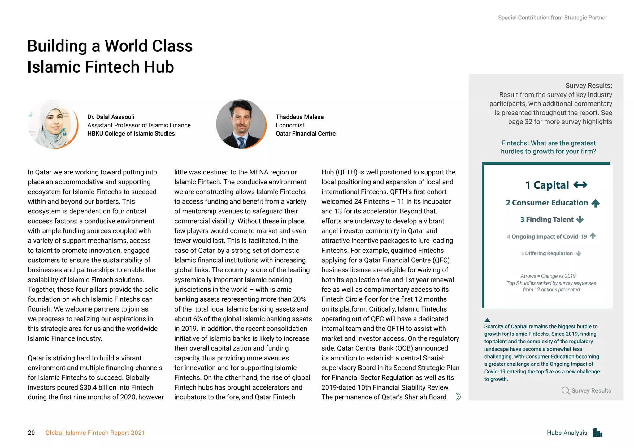 Building a World Class
Islamic Fintech Hub
In Qatar we are working toward putting into
place an accommodative and supporting
ecosystem for Islamic Fintechs to succeed
within and beyond our borders. This
ecosystem is dependent on four critical
success factors: a conducive environment
with ample funding sources coupled with
a variety of support mechanisms, access
to talent to promote innovation, engaged
customers to ensure the sustainability of
businesses and partnerships to enable the
scalability of Islamic Fintech solutions.
Together, these four pillars provide the solid
foundation on which Islamic Fintechs can
flourish. We welcome partners to join as
we progress to realizing our aspirations in
this strategic area for us and the worldwide
Islamic Finance industry.
Qatar is striving hard to build a vibrant
environment and multiple financing channels
for Islamic Fintechs to succeed. Globally
investors poured $30.4 billion into Fintech
during the first nine months of 2020, however
Dr. Dalal Aassouli
Assistant Professor of Islamic Finance
HBKU College of Islamic Studies
Thaddeus Malesa
Economist
Qatar Financial Centre
little was destined to the MENA region or
Islamic Fintech. The conducive environment
we are constructing allows Islamic Fintechs
to access funding and benefit from a variety
of mentorship avenues to safeguard their
commercial viability. Without these in place,
few players would come to market and even
fewer would last. This is facilitated, in the
case of Qatar, by a strong set of domestic
Islamic financial institutions with increasing
global links. The country is one of the leading
systemically-important Islamic banking
jurisdictions in the world – with Islamic
banking assets representing more than 20%
of the total local Islamic banking assets and
about 6% of the global Islamic banking assets
in 2019. In addition, the recent consolidation
initiative of Islamic banks is likely to increase
their overall capitalization and funding
capacity, thus providing more avenues
for innovation and for supporting Islamic
Fintechs. On the other hand, the rise of global
Fintech hubs has brought accelerators and
incubators to the fore, and Qatar Fintech
Fintechs: What are the greatest
hurdles to growth for your firm?
Survey Results:
Result from the survey of key industry
participants, with additional commentary
is presented throughout the report. See
page 32 for more survey highlights
1 Capital
2 Consumer Education
3 Finding Talent
4 Ongoing Impact of Covid-19
5 Differing Regulation
Scarcity of Capital remains the biggest hurdle to
growth for Islamic Fintechs. Since 2019, finding
top talent and the complexity of the regulatory
landscape have become a somewhat less
challenging, with Consumer Education becoming
a greater challenge and the Ongoing Impact of
Covid-19 entering the top five as a new challenge
to growth.
Hub (QFTH) is well positioned to support the
local positioning and expansion of local and
international Fintechs. QFTH’s first cohort
welcomed 24 Fintechs – 11 in its incubator
and 13 for its accelerator. Beyond that,
efforts are underway to develop a vibrant
angel investor community in Qatar and
attractive incentive packages to lure leading
Fintechs. For example, qualified Fintechs
applying for a Qatar Financial Centre (QFC)
business license are eligible for waiving of
both its application fee and 1st year renewal
fee as well as complimentary access to its
Fintech Circle floor for the first 12 months
on its platform. Critically, Islamic Fintechs
operating out of QFC will have a dedicated
internal team and the QFTH to assist with
market and investor access. On the regulatory
side, Qatar Central Bank (QCB) announced
its ambition to establish a central Shariah
supervisory Board in its Second Strategic Plan
for Financial Sector Regulation as well as its
2019-dated 10th Financial Stability Review.
The permanence of Qatar’s Shariah Board
Survey Results
Arrows = Change vs 2019
Top 5 hurdles ranked by survey responses
from 12 options presented
Special Contribution from Strategic Partner
Hubs Analysis
20 Global Islamic Fintech Report 2021
 