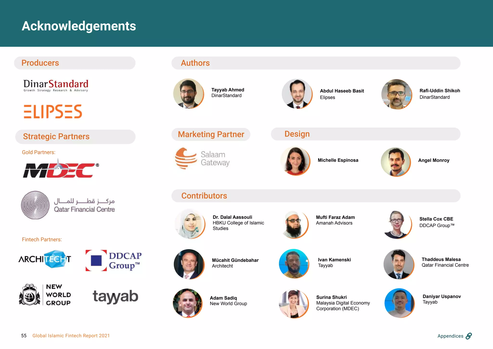 Acknowledgements
Producers Authors
Design
Strategic Partners
Gold Partners:
Fintech Partners:
Michelle Espinosa Angel Monroy
Abdul Haseeb Basit
Elipses
Tayyab Ahmed
DinarStandard
Contributors
Mufti Faraz Adam
Amanah Advisors
Surina Shukri
Malaysia Digital Economy
Corporation (MDEC)
Mücahit Gündebahar
Architecht
Stella Cox CBE
DDCAP Group™
Dr. Dalal Aassouli
HBKU College of Islamic
Studies
Adam Sadiq
New World Group
Thaddeus Malesa
Qatar Financial Centre
Appendices
Marketing Partner
Rafi-Uddin Shikoh
DinarStandard
Ivan Kamenski
Tayyab
Daniyar Uspanov
Tayyab
55 Global Islamic Fintech Report 2021
 