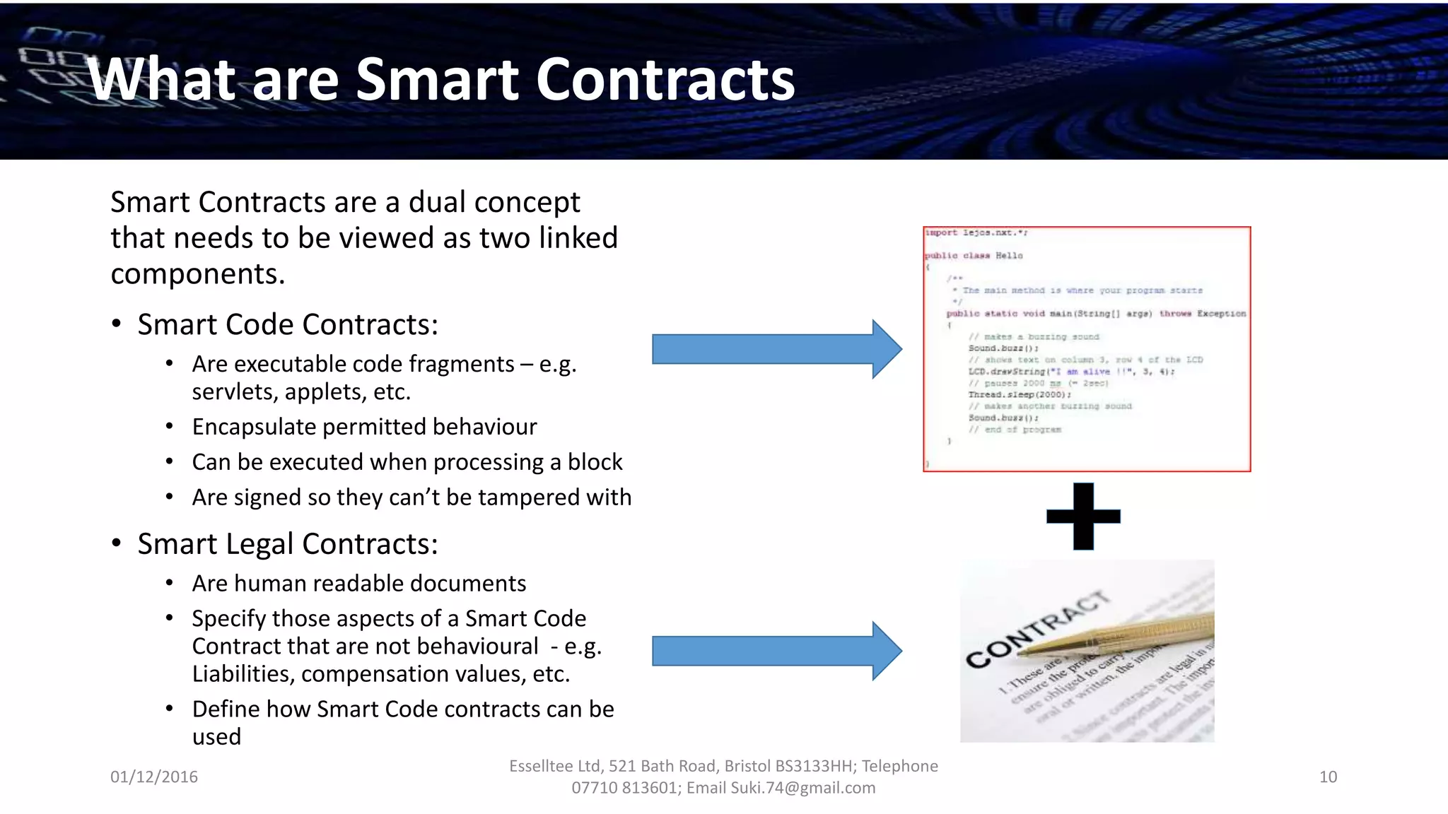 01/12/2016
Esselltee Ltd, 521 Bath Road, Bristol BS3133HH; Telephone
07710 813601; Email Suki.74@gmail.com
10
What are Smart Contracts
Smart Contracts are a dual concept
that needs to be viewed as two linked
components.
• Smart Code Contracts:
• Are executable code fragments – e.g.
servlets, applets, etc.
• Encapsulate permitted behaviour
• Can be executed when processing a block
• Are signed so they can’t be tampered with
• Smart Legal Contracts:
• Are human readable documents
• Specify those aspects of a Smart Code
Contract that are not behavioural - e.g.
Liabilities, compensation values, etc.
• Define how Smart Code contracts can be
used
 