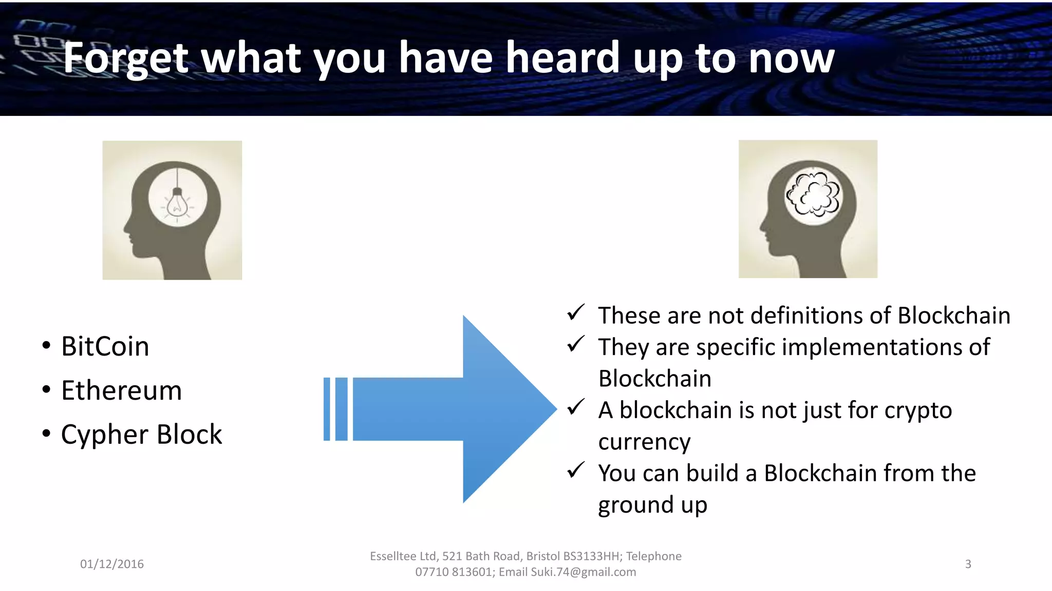 01/12/2016
Esselltee Ltd, 521 Bath Road, Bristol BS3133HH; Telephone
07710 813601; Email Suki.74@gmail.com
3
Forget what you have heard up to now
• BitCoin
• Ethereum
• Cypher Block
 These are not definitions of Blockchain
 They are specific implementations of
Blockchain
 A blockchain is not just for crypto
currency
 You can build a Blockchain from the
ground up
 