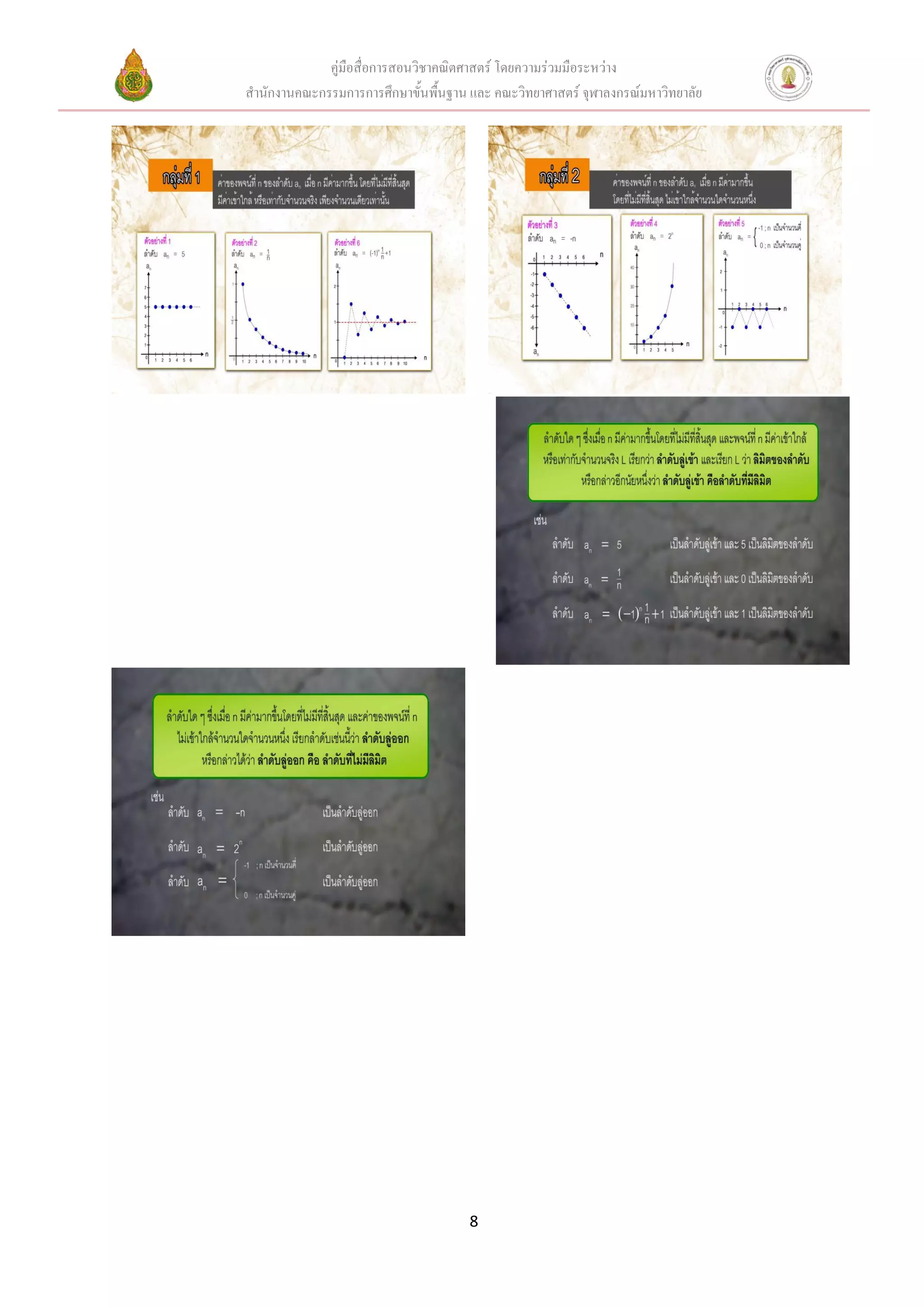 คู่มือสื่อการสอนวิชาคณิตศาสตร์ โดยความร่วมมือระหว่าง
สานักงานคณะกรรมการการศึกษาขั้นพื้นฐาน และ คณะวิทยาศาสตร์ จุฬาลงกรณ์มหาวิทยาลัย




                                      8
 
