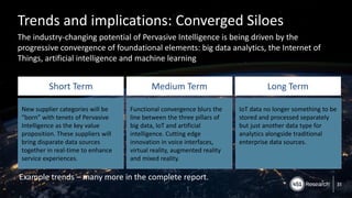 Copyright (C) 2017 451 Research LLC
Trends and implications: Converged Siloes
The industry-changing potential of Pervasive Intelligence is being driven by the
progressive convergence of foundational elements: big data analytics, the Internet of
Things, artificial intelligence and machine learning
31
Short Term Medium Term Long Term
New supplier categories will be
“born” with tenets of Pervasive
Intelligence as the key value
proposition. These suppliers will
bring disparate data sources
together in real-time to enhance
service experiences.
Functional convergence blurs the
line between the three pillars of
big data, IoT and artificial
intelligence. Cutting edge
innovation in voice interfaces,
virtual reality, augmented reality
and mixed reality.
IoT data no longer something to be
stored and processed separately
but just another data type for
analytics alongside traditional
enterprise data sources.
Example trends – many more in the complete report.
 
