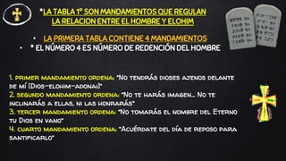 1. primer mandamiento ordena: “No tendrás dioses ajenos delante
de mí [Dios-elohim-adonai]”
2. segundo mandamiento ordena: “No te harás imagen… No te
inclinarás a ellas, ni las honrarás”
3. tercer mandamiento ordena: “No tomarás el nombre del Eterno
tu Dios en vano”
4. cuarto mandamiento ordena: “Acuérdate del día de reposo para
santificarlo”
*LA TABLA 1ª SON MANDAMIENTOS QUE REGULAN
LA RELACION ENTRE EL HOMBRE Y ELOHIM
• LA PRIMERA TABLA CONTIENE 4 MANDAMIENTOS
• * EL NÚMERO 4 ES NÚMERO DE REDENCIÓN DEL HOMBRE
 