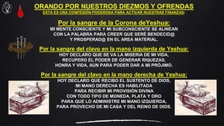 ORANDO POR NUESTROS DIEZMOS Y OFRENDAS
ESTA ES UNA CONFESIÓN PODEROSA PARA ACTIVAR NUESTRAS FINANZAS:
Por la sangre de la Corona deYeshua:
MI MENTE CONSCIENTE Y MI SUBCONSCIENTE SE ALINEAN
CON LA PALABRA PARA CREER QUE SERÉ BENDECID@
Y PROSPERAD@ EN EL AREA MATERIAL.
Por la sangre del clavo en la mano izquierda de Yeshua:
HOY DECLARO QUE SE VA LA MISERIA DE MI VIDA,
RECUPERO EL PODER DE GENERAR RIQUEZAS,
HONRA Y VIDA, AUN PARA PODER DAR A MI PRÓJIMO.
Por la sangre del clavo en la mano derecha de Yeshua:
HOY DECLARO QUE RECIBO EL SUSTENTO DE DIOS,
MI MANO DERECHA ES HABILITADA
PARA RECIBIR MI PROVISIÓN DIVINA
CON TODO TIPO DE MONEDA, PLATA Y ORO
PARA QUE LO ADMINISTRE MI MANO IZQUIERDA,
PARA PROVECHO DE MI CASA Y DEL REINO DE DIOS.
 