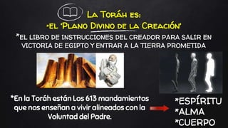 La Toráh es:
*el ‘Plano Divino de la Creación’
*EL LIBRO DE INSTRUCCIONES DEL CREADOR PARA SALIR EN
VICTORIA DE EGIPTO Y ENTRAR A LA TIERRA PROMETIDA
*En la Toráh están Los 613 mandamientos
que nos enseñan a vivir alineados con la
Voluntad del Padre.
*ESPÍRITU
*ALMA
*CUERPO
 