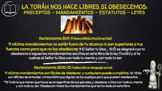 LA TORÁH NOS HACE LIBRES SI OBEDECEMOS:
PRECEPTOS – MANDAMIENTOS – ESTATUTOS - LEYES
Deuteronomio 30:9-11 Nueva Biblia Viva (Invertido)
11 »Estos mandamientos no están fuera de tu alcance ni son superiores a tus
fuerzas como para que no los obedezcas; 9 El Señor tu Dios … 10 Él se alegrará con tu
obediencia si sigues los mandamientos escritos en este libro de la ley (Toráh) y si te
vuelves al Señor tu Dios con toda tu mente y con todo tu ser.
Deuteronomio 30:10-13 Traducción en lenguaje actual
11 »Estos mandamientos son fáciles de obedecer, y cualquiera puede cumplirlos. 12-13 No
son difíciles de entender, ni hace falta que alguien se los explique para que puedan obedecerlos.
*10 Todo lo que tienen que hacer es arrepentirse de sus pecados y obedecer a Dios con toda su mente
y con todo su ser. Obedezcan todos los mandamientos que les ha dado en este libro.
 