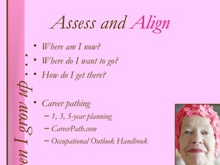 Assess and Align
                     • Where am I now?
en I grow up . . .
                     • Where do I want to go?
                     • How do I get there?

                     • Career pathing
                        – 1, 3, 5-year planning
                        – CareerPath.com
                        – Occupational Outlook Handbook
 