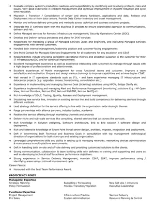  Evaluate complex system’s production readiness and supportability by identifying and resolving problem, risks and
issues. Very good experience in Incident management and continual improvement in incident reduction and cycle
time reduction.
 Migration / Transition / Consolidation of server and strong hardware, applications and data, Release and
Deployment into or from data centers. Provide Data Center inventory and asset management.
 Monitor and enforce delivery principles and methods across technical and business solutions projects.
 Integrate the IT Services team with the Business IT projects to ensure coordinated approach to communications,
delivery and risk.
 Define Managed services for Remote Infrastructure management/ Security Operations Center (SOC)
 Develop and Deliver various processes and plans for 24X7 services
 Responsible for managing a group of Managed Services Leads and Engineers, and executing Managed Services
engagements with several customers.
 Handled both internal management/leadership position and customer-facing engagements
 One Point Contact for Managed Services Engagements for all customers for any escalation and CSAT
 Responsibilities include providing consistent operational metrics and proactive guidance to the customer for their
IT infrastructure/SOC and for continual improvement
 Excellent management experience as well as experience interacting with customers to manage through issues with
a high degree of professionalism and attentiveness.
 Excellent experiences of Matrix management for cross functional teams and customer. Improve a team
satisfaction and motivation. Prepare and design various trainings to improve capabilities and achieve higher CSAT.
 Well versed in IT operations standards such as ITIL - and have experience managing IT infrastructure and
datacenter projects (e.g. upgrades, moves, transitioning, consolidation etc.).
 Experience in implementing and managing Service Desk (ticketing) solutions using HPOV, Bridge Clarify etc.
 Experience implementing and managing Alert and Performance Management (monitoring) solutions E.g.: HP Open
View, Netcool Omnibus, Netcool ISM, Netcool WebTOP, Netcool NetIQ etc.
 Rich knowledge of SDLC, Testing, Quality, Release and Deployment management.
 Incubating new service line, innovate on existing service line and build competency for delivering services through
different verticals.
 Lead strategy definition for the service offering in line with the organization- wide strategic themes
 Forge partnerships with alliance partners, industry bodies, academia
 Position the service offering through marketing channels and analysts
 Deliver niche and sub-scale services like consulting, shared services that cut across the verticals.
 Rich knowledge in Solution designing, Software architecture, End to End solution / software design and
deployment.
 Rich and extensive knowledge of Share Point Portal server design, architect, migrate, integration and deployment.
 Deft in determining both Technical and Business Goals in consultation with top management technological
direction of organizations for both start-ups and existing organization.
 Leveraged comprehensive skills and ability in setting up & managing networks; networking devices administration
& maintenance in multi-platform environments.
 Deft in handling both on-site and off-site delivery and providing customized solutions to the clients.
 Strong communication, collaboration & team building skills with deftness in training and supporting end users as
well as developing technical staff to achieve performance objectives.
 Strong experience in Service Delivery Management, maintain CSAT, ESAT, improve performance using /
identifying areas using continual improvement cycle.
Career Facets:
 Honoured with the Best Team Performance Award.
PROFICIENCY FORTE
Managerial Expertise
Strategy Planning Budgeting / Forecasting New Set Ups / Initiatives
Policy Formulation Process Transition/Migration Executive Leadership
Functional Expertise
Project Management Infrastructure Practice Service Delivery
Pre Sales System Administration Resource Planning & Control
 