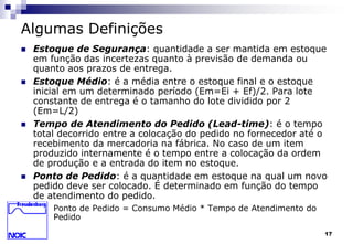 17 
Algumas Definições 
 Estoque de Segurança: quantidade a ser mantida em estoque 
em função das incertezas quanto à previsão de demanda ou 
quanto aos prazos de entrega. 
 Estoque Médio: é a média entre o estoque final e o estoque 
inicial em um determinado período (Em=Ei + Ef)/2. Para lote 
constante de entrega é o tamanho do lote dividido por 2 
(Em=L/2) 
 Tempo de Atendimento do Pedido (Lead-time): é o tempo 
total decorrido entre a colocação do pedido no fornecedor até o 
recebimento da mercadoria na fábrica. No caso de um item 
produzido internamente é o tempo entre a colocação da ordem 
de produção e a entrada do item no estoque. 
 Ponto de Pedido: é a quantidade em estoque na qual um novo 
pedido deve ser colocado. É determinado em função do tempo 
de atendimento do pedido. 
Ponto de Pedido = Consumo Médio * Tempo de Atendimento do 
Pedido 
 