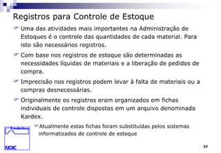 37 
Registros para Controle de Estoque 
 Uma das atividades mais importantes na Administração de 
Estoques é o controle das quantidades de cada material. Para 
isto são necessários registros. 
 Com base nos registros de estoque são determinadas as 
necessidades líquidas de materiais e a liberação de pedidos de 
compra. 
 Imprecisão nos registros podem levar à falta de materiais ou a 
compras desnecessárias. 
 Originalmente os registros eram organizados em fichas 
individuais de controle dispostas em um arquivo denominado 
Kardex. 
Atualmente estas fichas foram substituídas pelos sistemas 
informatizados de controle de estoque 
 