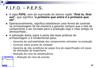 42 
F.I.F.O. – P.E.P.S. 
 A sigla FIFO, vem da expressão do idioma inglês “first in, first 
out”, que significa “o primeiro que entra é o primeiro que 
sai”. 
 Operacionalmente, significa estabelecer uma forma de controle 
na armazenagem de tal maneira a garantir sempre que o lote de 
componente a ser enviado para a produção seja o mais antigo no 
almoxarifado. 
 A aplicação desta regra é parte das boas práticas de 
armazenagem e é fundamental para: 
 Garantia da rastreabilidade dos componentes utilizados na produção 
 Controle sobre prazos de validade 
 Garantia de não existência de peças fora de especificação em casos 
de alterações de engenharia 
 Redução do risco de obsolescência 
 Redução de risco de avarias 
 